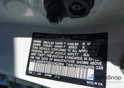 2018 Honda Civic Ex z USA, uszkodzony, nr VIN SHHFK7H52JU422804